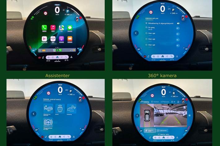 Sølv Mini Cooper E fra 2024 set indefra