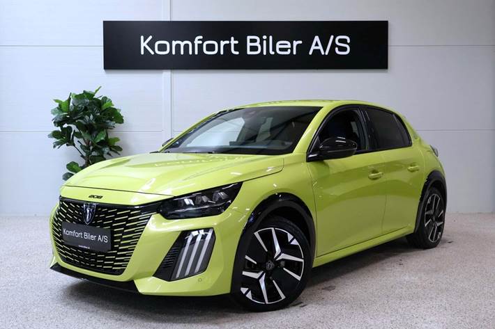 Gul Peugeot e-208 fra 2024 set udefra