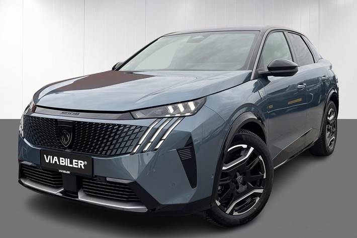 Blå Peugeot e-3008 fra 2024 set udefra