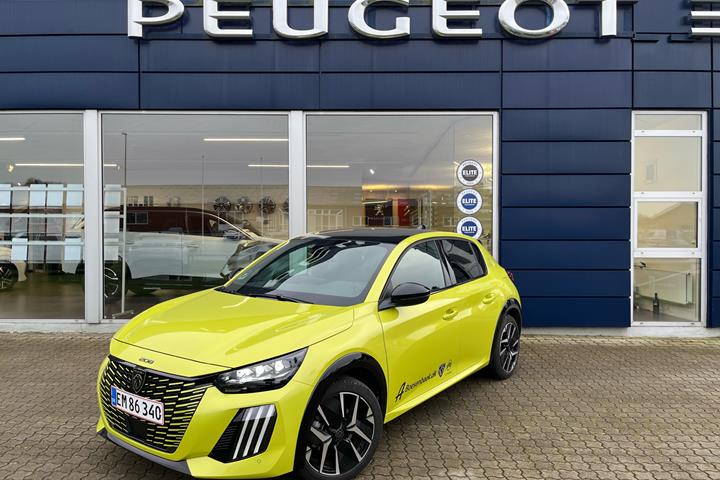 Gul Peugeot e-208 fra 2025