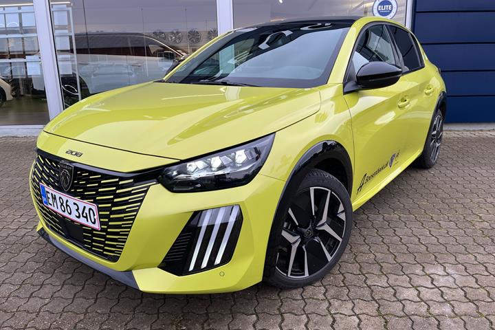 Gul Peugeot e-208 fra 2025
