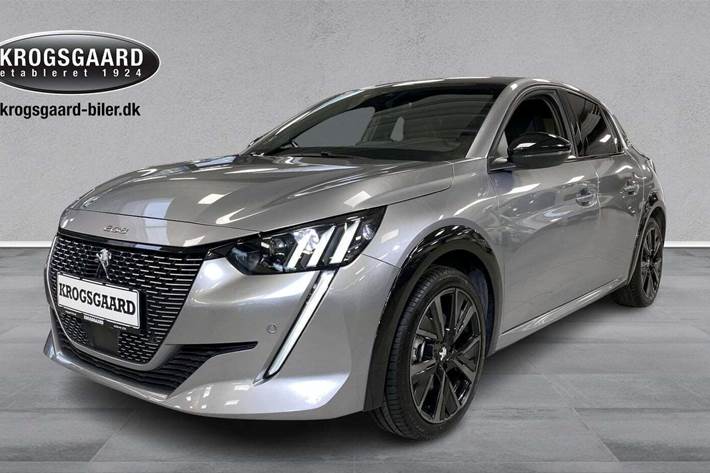 Grå Peugeot e-208 fra 2023 set udefra