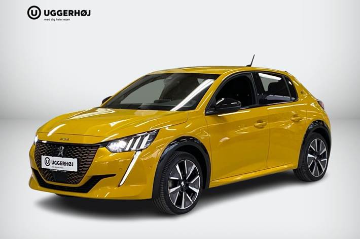 Gul Peugeot e-208 fra 2021 set udefra