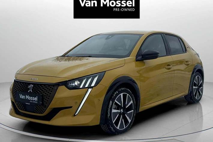 Gul Peugeot e-208 fra 2021 set udefra