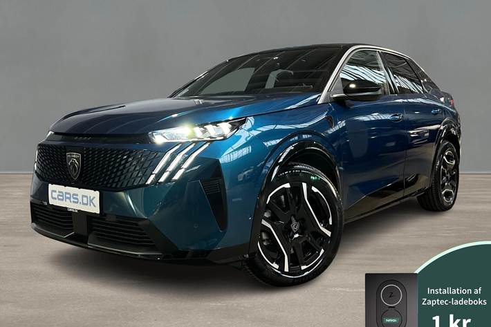 Blå Peugeot e-3008 fra 2025 set udefra
