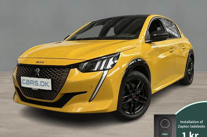 Gul Peugeot e-208 fra 2020 set udefra