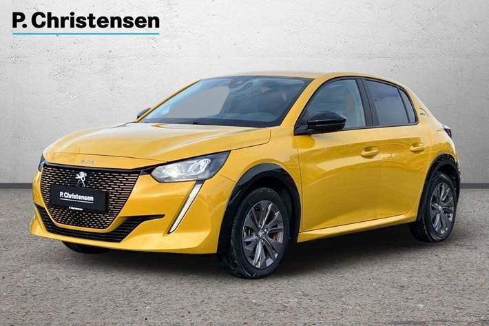 Gul Peugeot e-208 fra 2023 set udefra