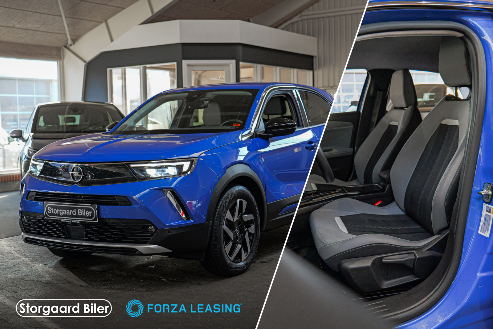 Blå Opel Mokka-e fra 2021 set udefra