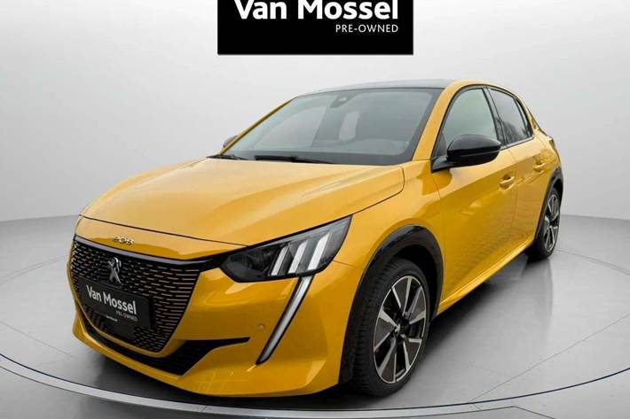 Gul Peugeot e-208 fra 2020 set udefra