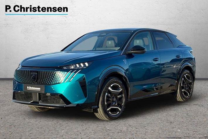 Blå Peugeot e-3008 fra 2025 set udefra