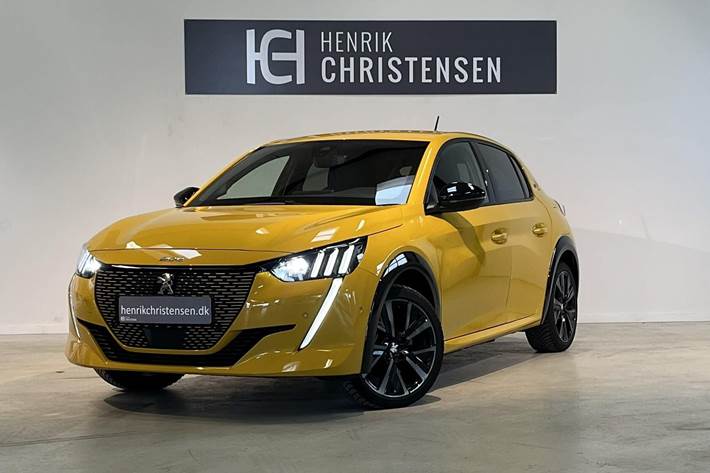 Gul Peugeot e-208 fra 2023