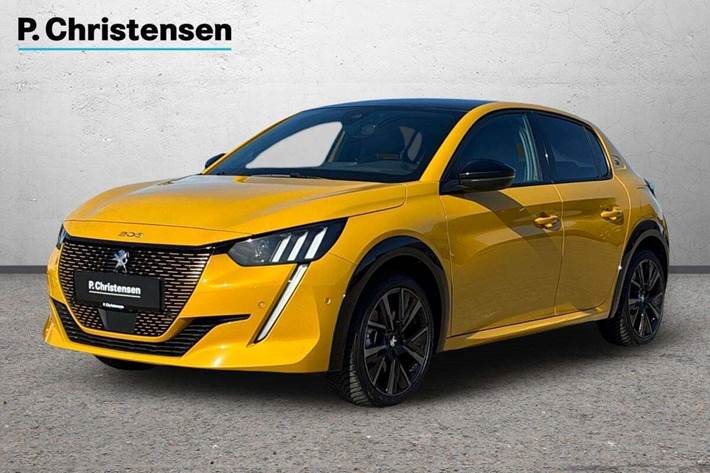 Gul Peugeot e-208 fra 2023