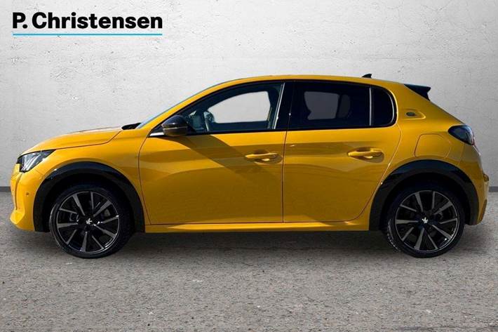 Gul Peugeot e-208 fra 2023