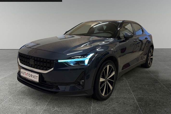 Blå Polestar 2 fra 2021 set udefra