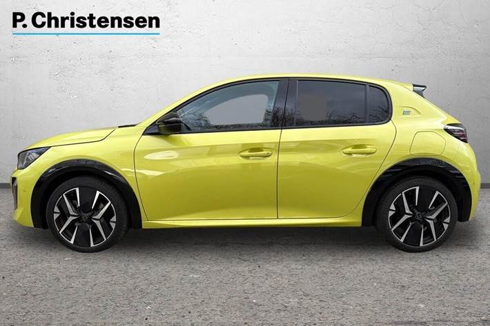 Gul Peugeot e-208 fra 2024