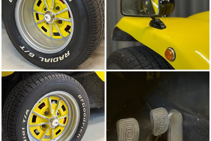 Gul VW Beach Buggy fra 1973 set udefra