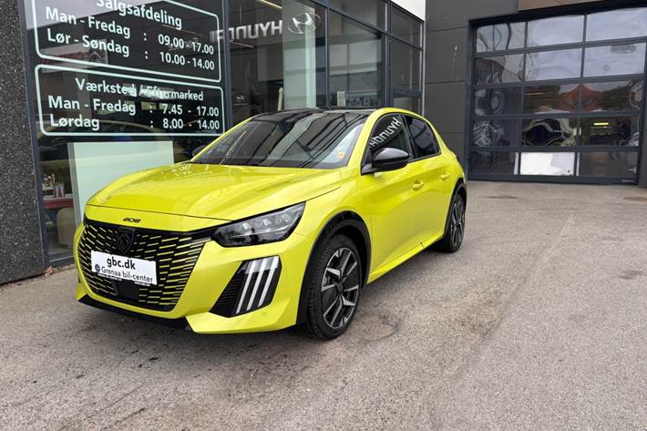 Gul Peugeot e-208 fra 2026