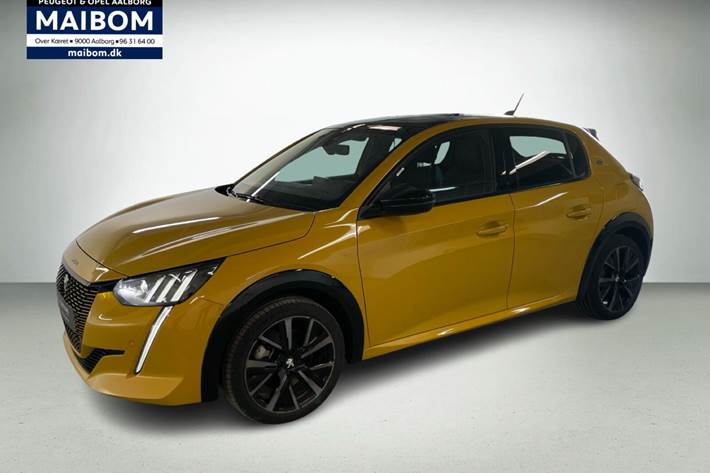 Gul Peugeot e-208 fra 2023