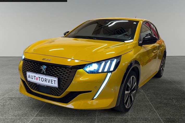 Gul Peugeot e-208 fra 2020 set udefra