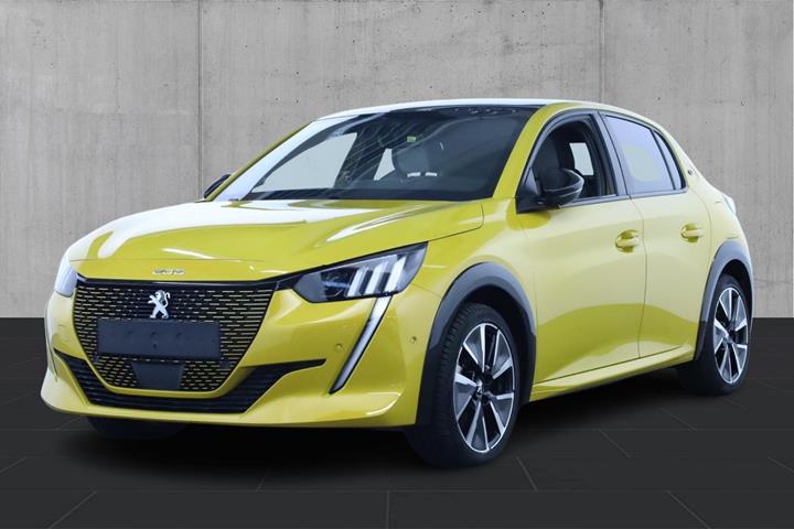 Gul Peugeot e-208 fra 2020 set udefra