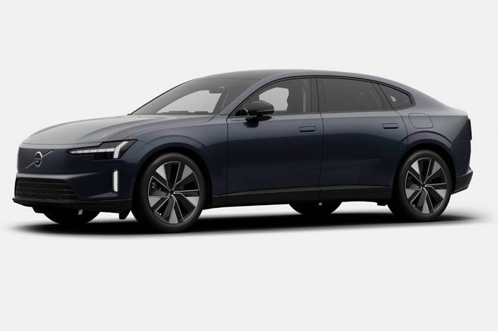 Blå Volvo ES90 fra 2026 set udefra