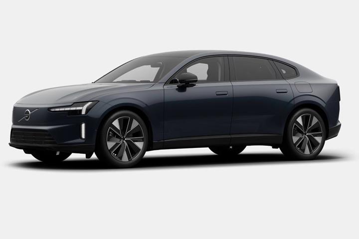 Blå Volvo ES90 fra 2026 set udefra