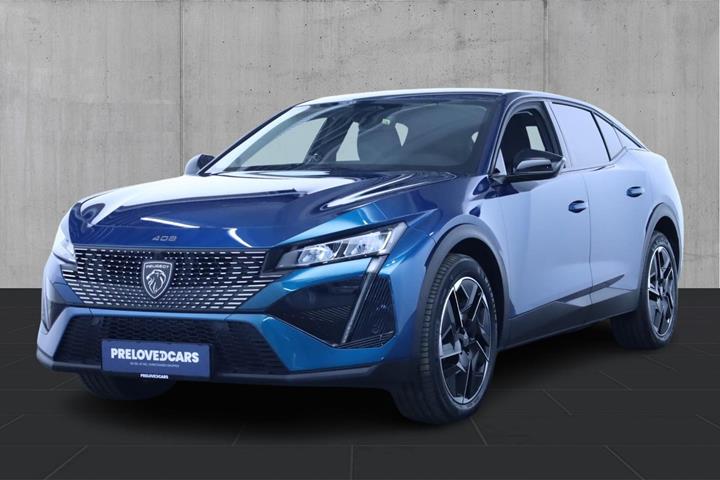 Blå Peugeot e-408 fra 2026 set udefra