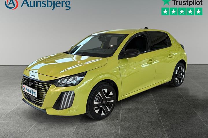 Gul Peugeot e-208 fra 2024 set udefra