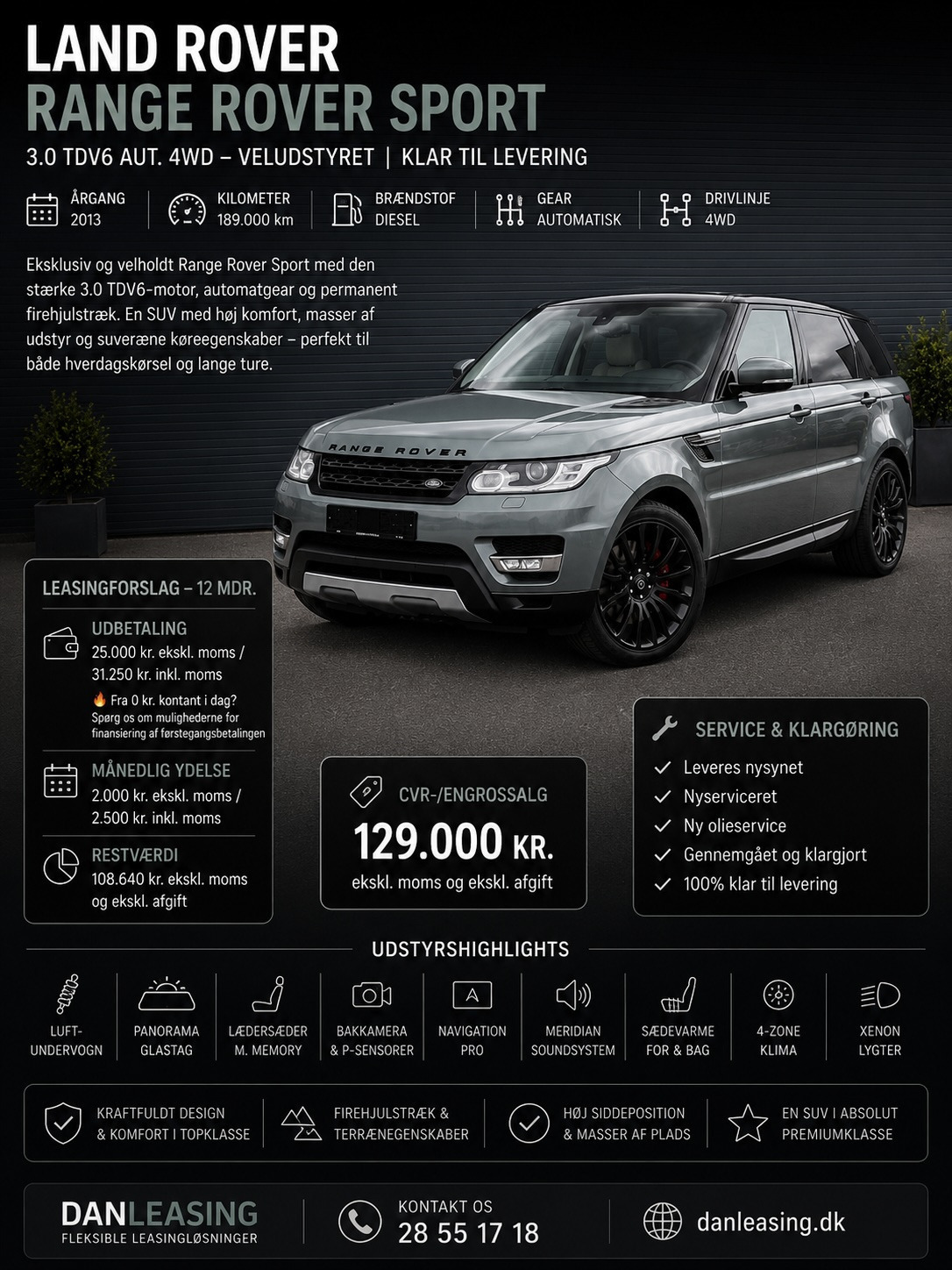 Land Rover Range Rover sport LAND ROVER RANGE ROVER SPORT 3.0 TDV6 Aut. 4WD Veludstyret Luftundervogn Glastag Klar til levering