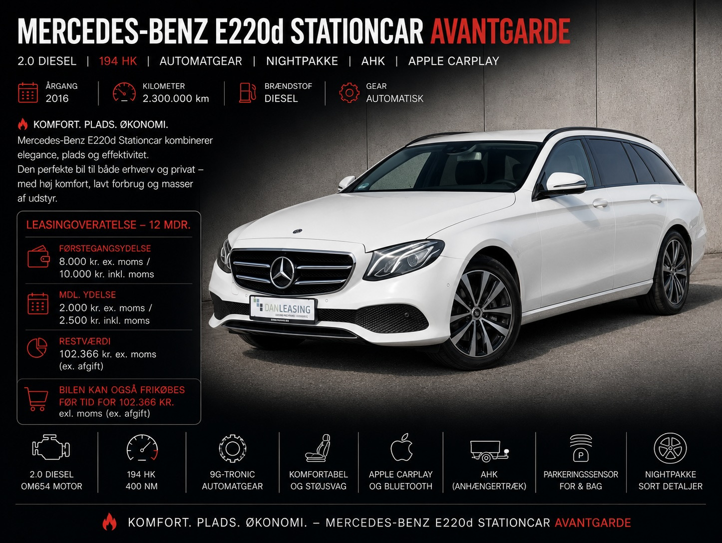 Mercedes E220 d Mercedes E220d Stationcar Avantgarde Automatgear Nightpakke AHK Apple CarPlay