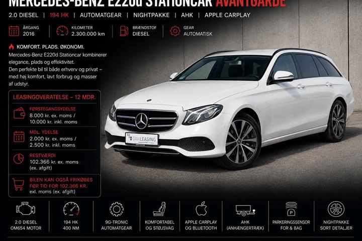 Hvid Mercedes E220 d fra 2016 set udefra