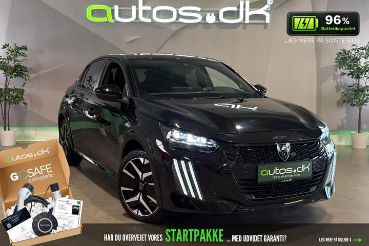 Sort Peugeot e-208 fra 2024 set udefra