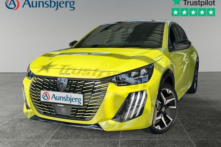 Gul Peugeot e-208 fra 2025 set udefra