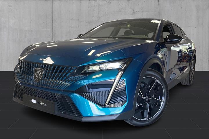 Blå Peugeot e-408 fra 2026 set udefra