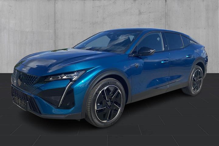 Blå Peugeot e-408 fra 2026 set udefra