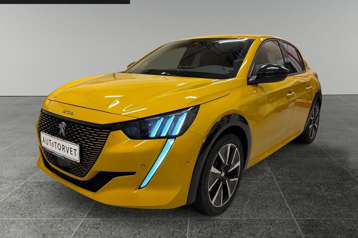 Gul Peugeot e-208 fra 2022