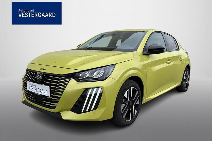 Gul Peugeot e-208 fra 2024 set udefra
