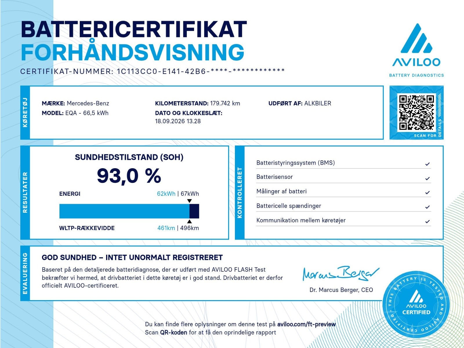 Blå Mercedes EQA250 fra 2021