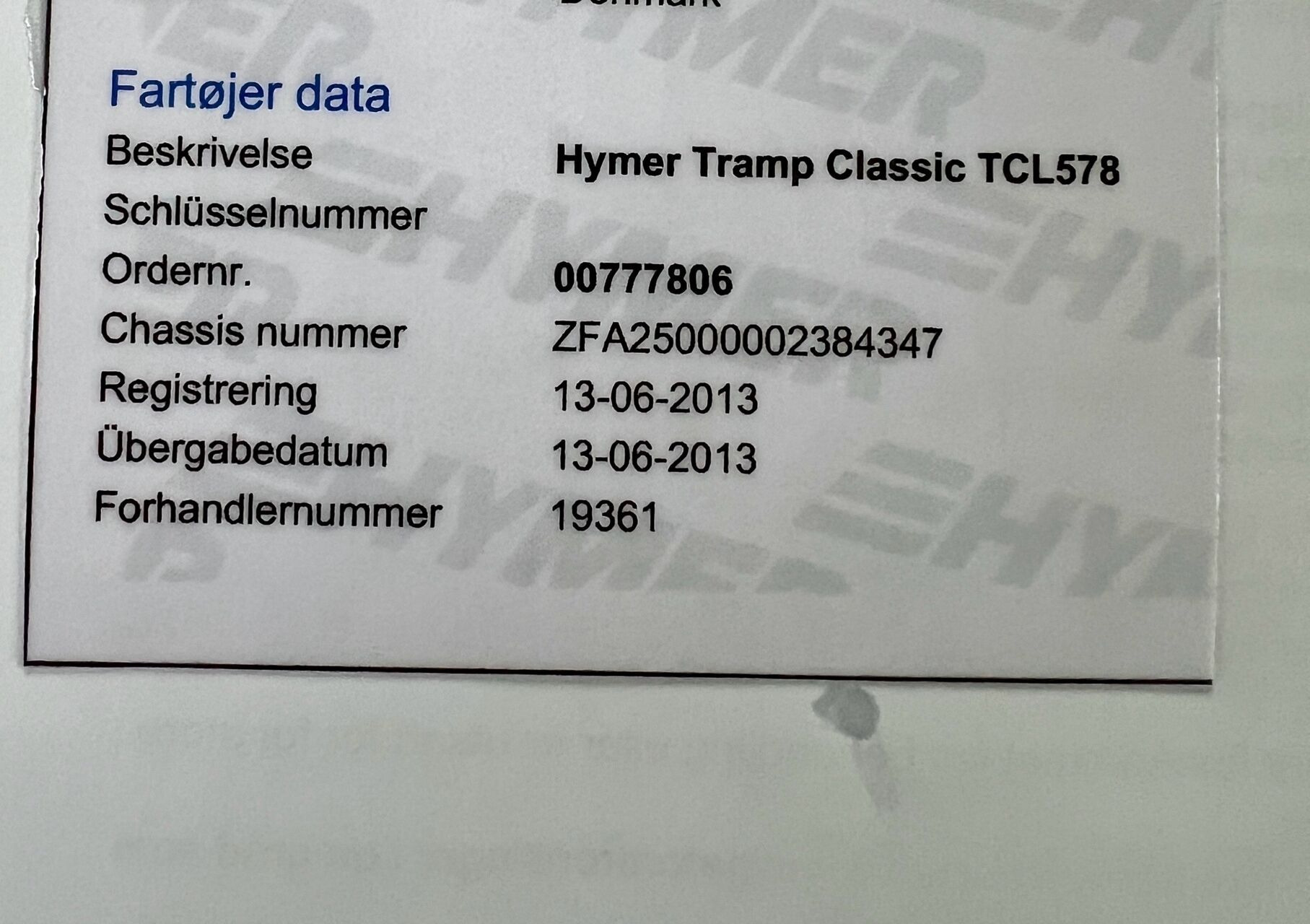 Hvid Hymer Tramp GL 578 fra 2013